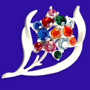Vintage Mid Century White Enamel Colorful Rhinestone Flower Brooch